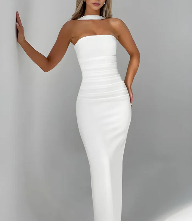 White strapless maxi bodycon dress with ruching and halter collar