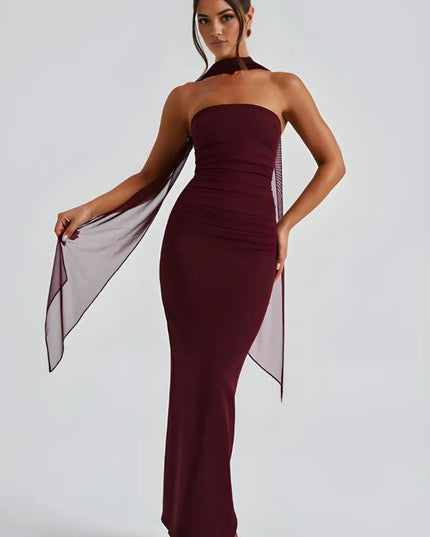 Burgundy strapless maxi bodycon dress with ruching and sheer scarf detail