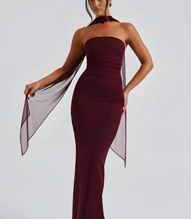 Burgundy strapless maxi bodycon dress with ruching and sheer scarf detail