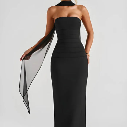Black strapless maxi bodycon dress with ruching and sheer black scarf