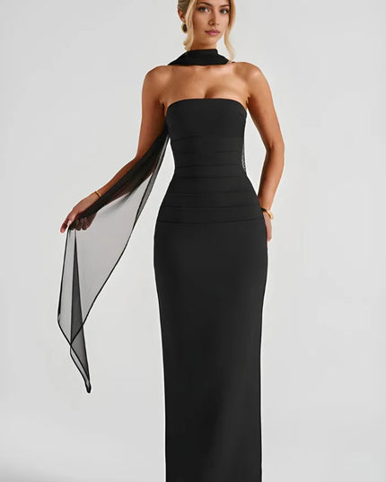 Black strapless maxi bodycon dress with ruching and sheer black scarf