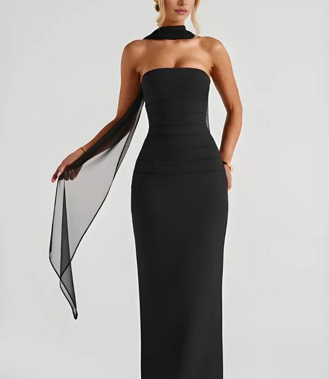 Black strapless maxi bodycon dress with ruching and sheer black scarf