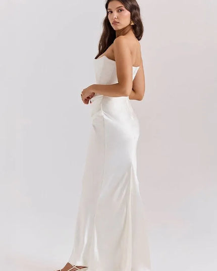 Back view cream strapless mermaid dress with open back