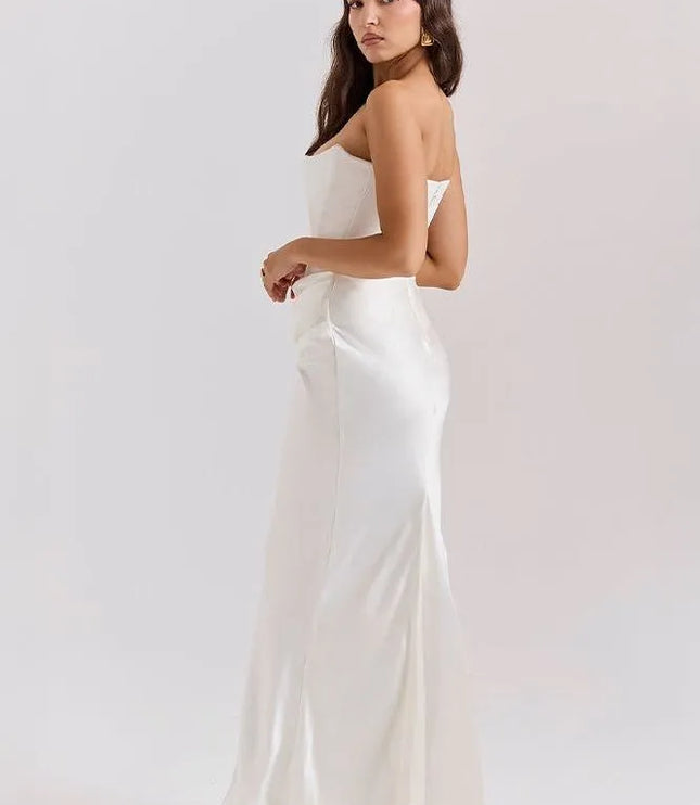 Back view cream strapless mermaid dress with open back