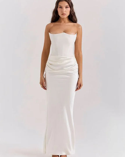 Cream strapless ruched mermaid maxi dress with fitted bodice