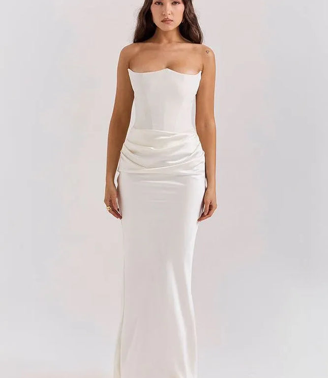 Cream strapless ruched mermaid maxi dress with fitted bodice