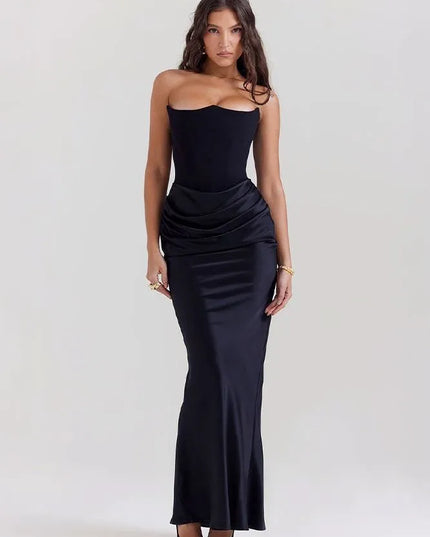Black strapless ruched mermaid maxi dress full length