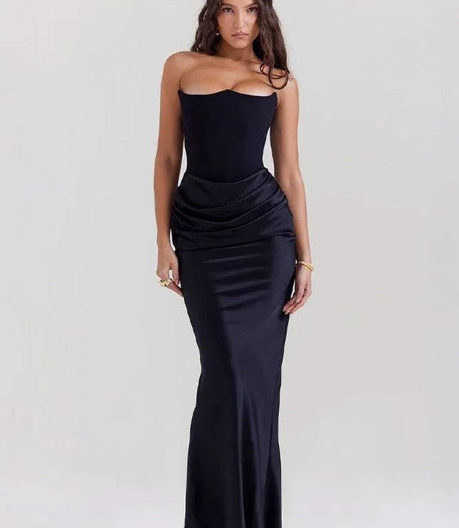 Black strapless ruched mermaid maxi dress full length