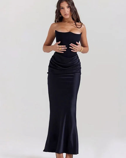 Black strapless mermaid dress with waist ruching detail
