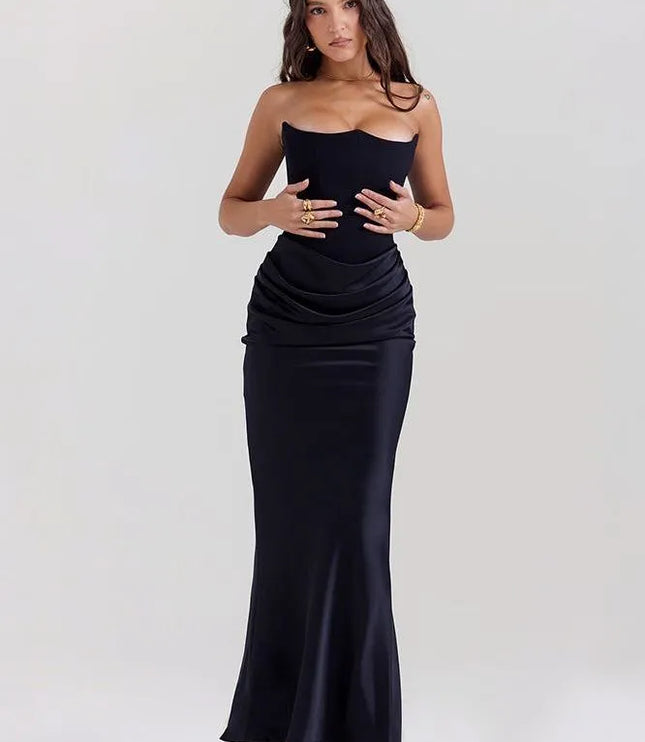 Black strapless mermaid dress with waist ruching detail