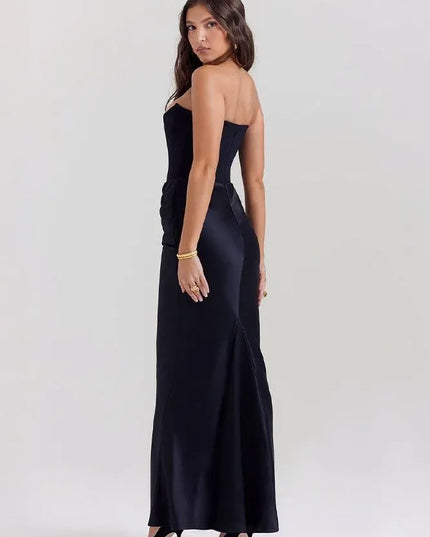 Back view black strapless ruched mermaid maxi dress