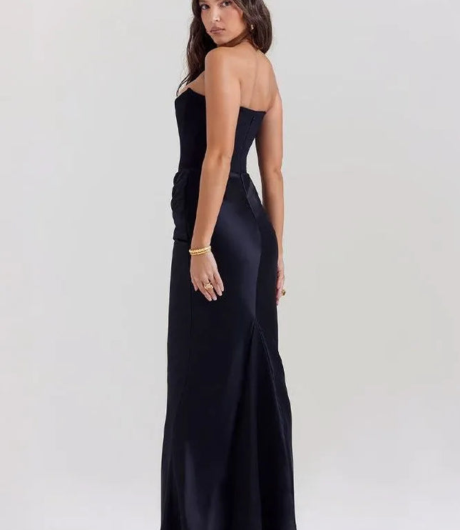 Back view black strapless ruched mermaid maxi dress
