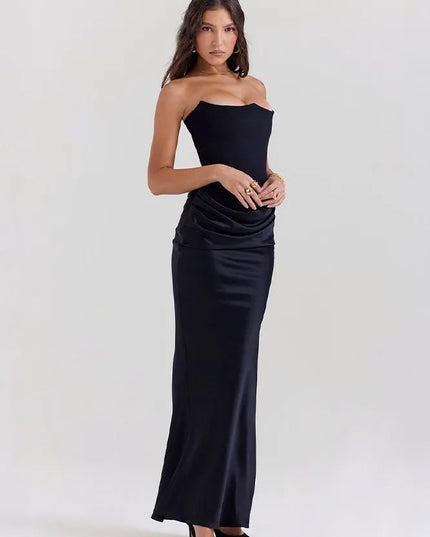 Side view black strapless mermaid dress with ruched waist