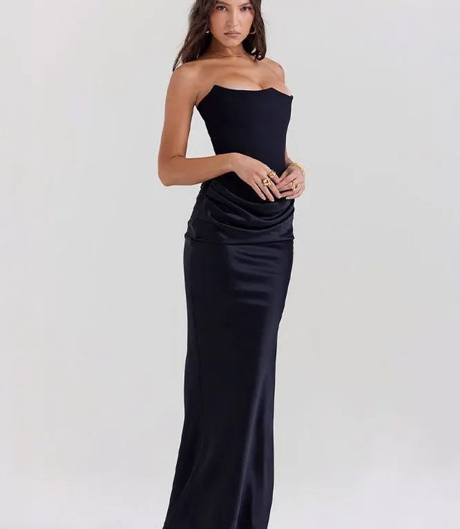 Side view black strapless mermaid dress with ruched waist