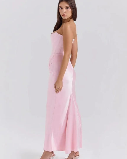 Back view of pink strapless mermaid dress with open back