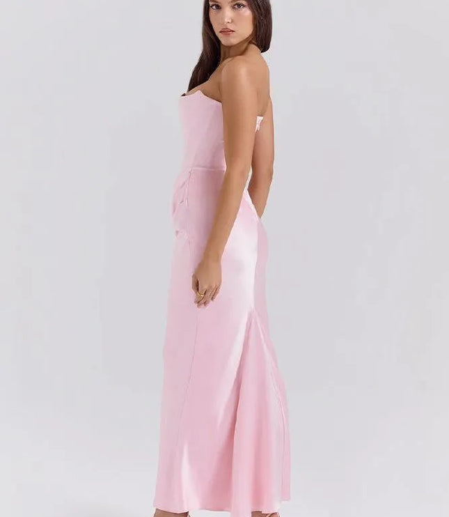 Back view of pink strapless mermaid dress with open back