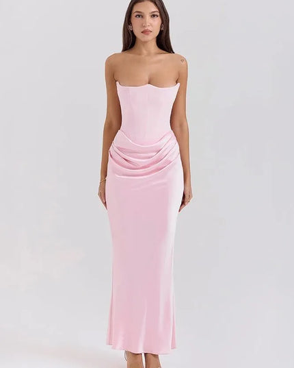 Front view pink strapless ruched mermaid maxi dress