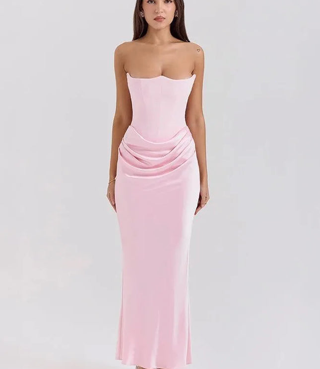 Front view pink strapless ruched mermaid maxi dress
