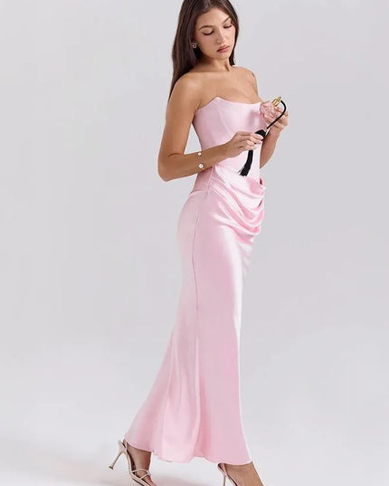 Side profile pink strapless ruched mermaid dress detail