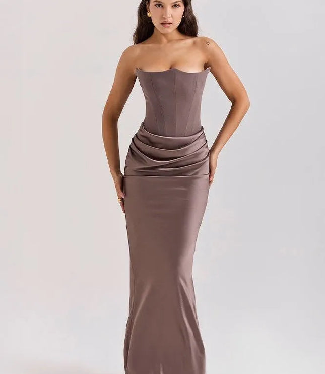 Taupe strapless ruched mermaid maxi dress front view