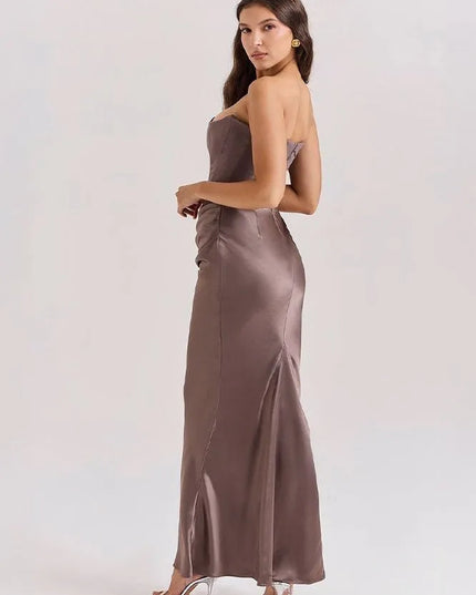 Back view taupe strapless mermaid dress with open back
