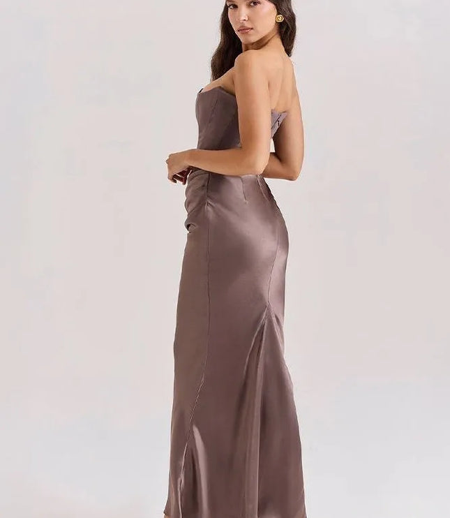 Back view taupe strapless mermaid dress with open back