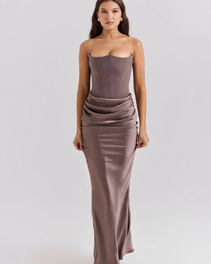 Front taupe strapless ruched mermaid maxi dress fitted