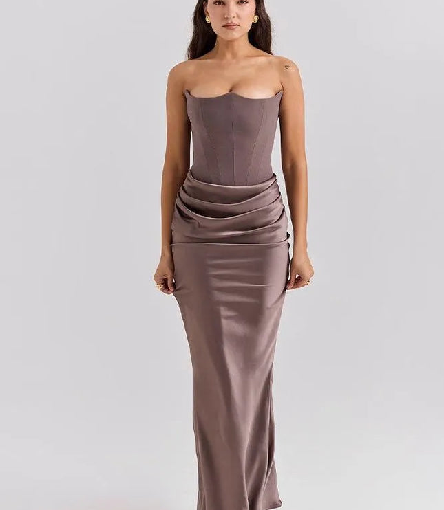 Front taupe strapless ruched mermaid maxi dress fitted