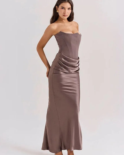 Side angle taupe strapless ruched mermaid dress detail