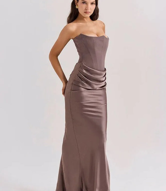 Side angle taupe strapless ruched mermaid dress detail