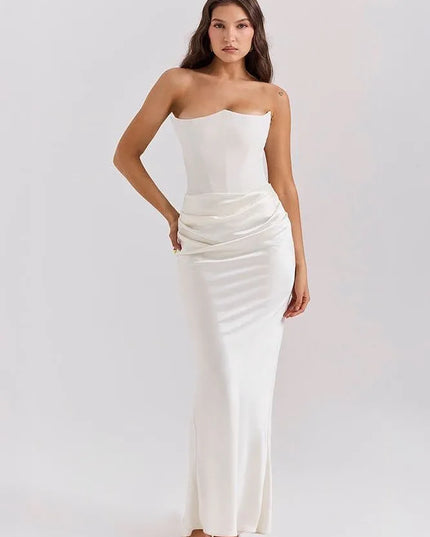 Cream strapless ruched mermaid maxi dress front view