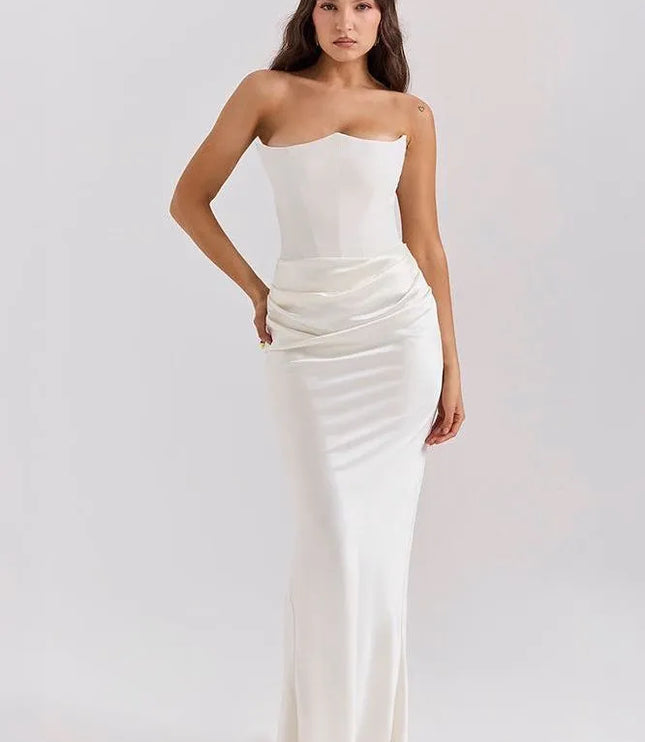 Cream strapless ruched mermaid maxi dress front view
