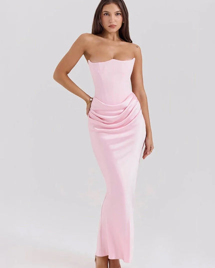 Pink strapless ruched mermaid maxi dress with fitted bodice