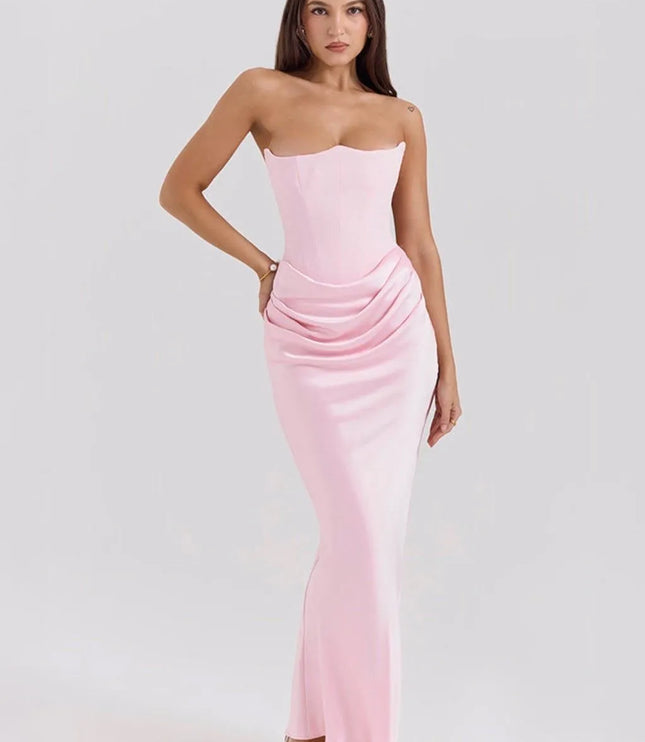 Pink strapless ruched mermaid maxi dress with fitted bodice