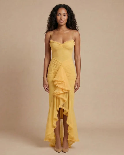 Yellow spaghetti strap ruched maxi dress with ruffle trim and front slit