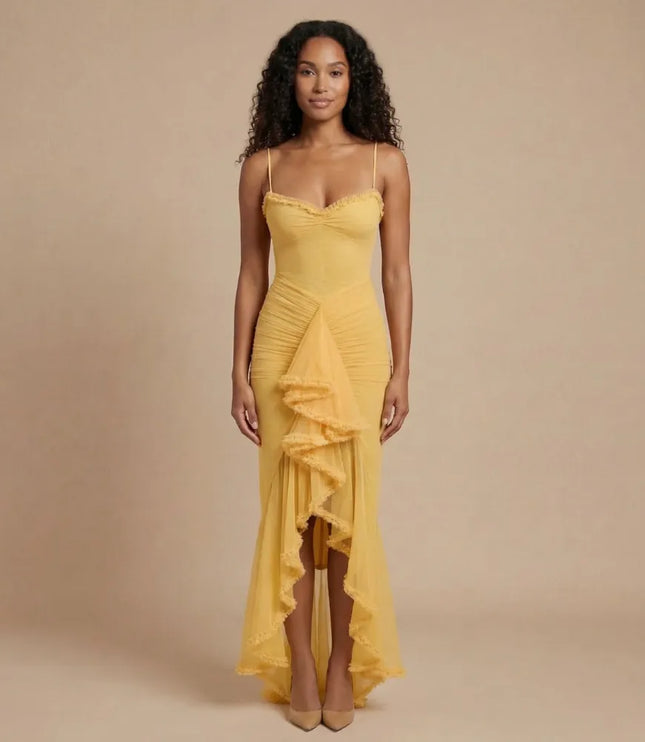 Yellow spaghetti strap ruched maxi dress with ruffle trim and front slit