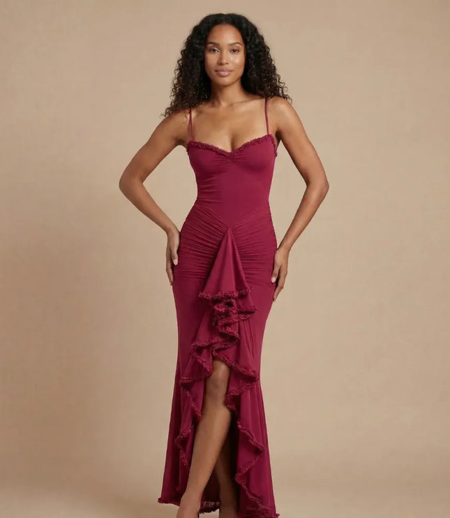 Burgundy spaghetti strap ruched maxi dress with ruffled slit and fitted bodice