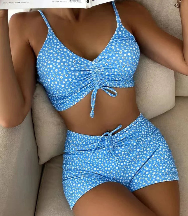 Women's Ruched Tie-Front Bikini Set with High-Waist Shorts