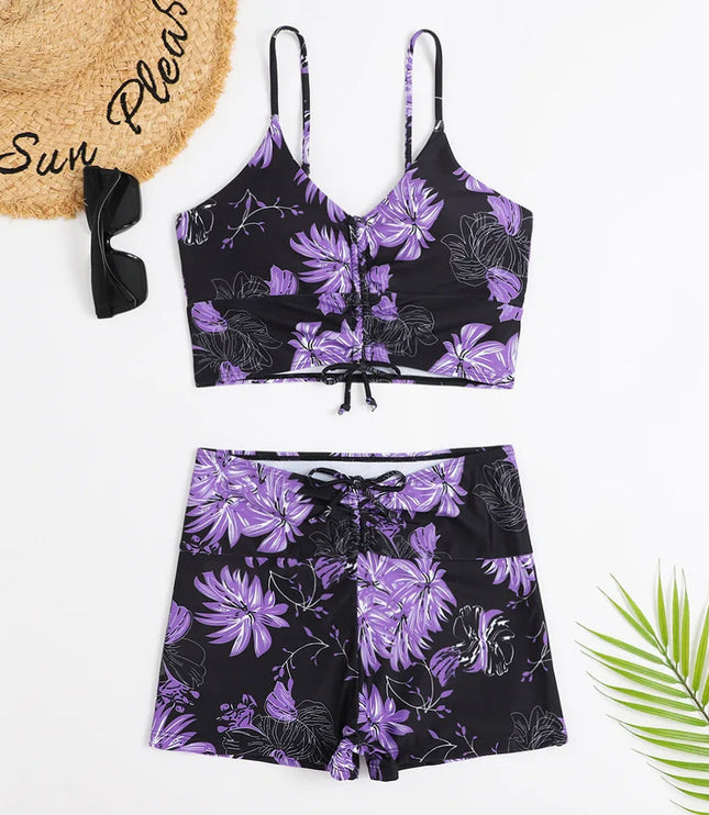 Women's Ruched Tie-Front Bikini Set with High-Waist Shorts