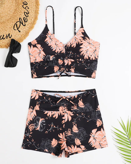 Women's Ruched Tie-Front Bikini Set with High-Waist Shorts