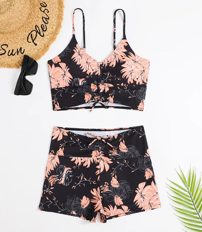 Women's Ruched Tie-Front Bikini Set with High-Waist Shorts