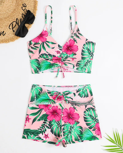 Women's Ruched Tie-Front Bikini Set with High-Waist Shorts