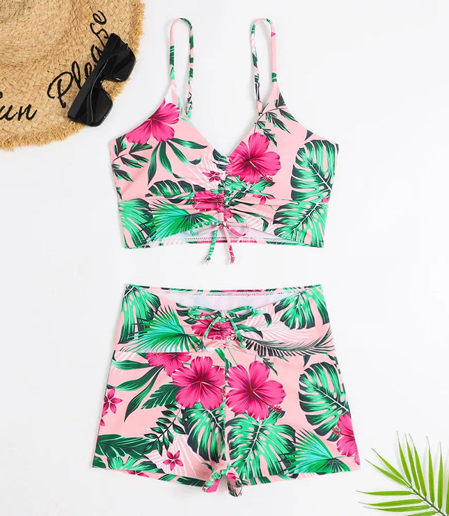 Women's Ruched Tie-Front Bikini Set with High-Waist Shorts