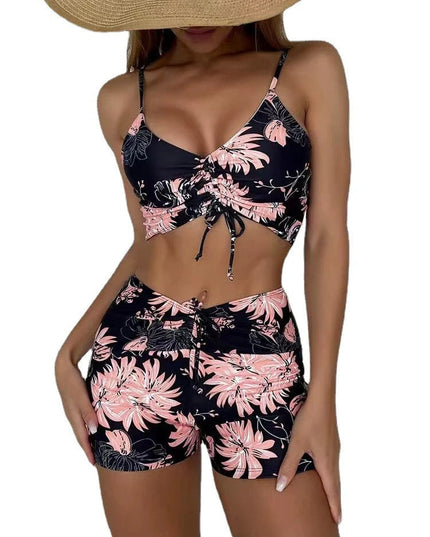 Women's Ruched Tie-Front Bikini Set with High-Waist Shorts