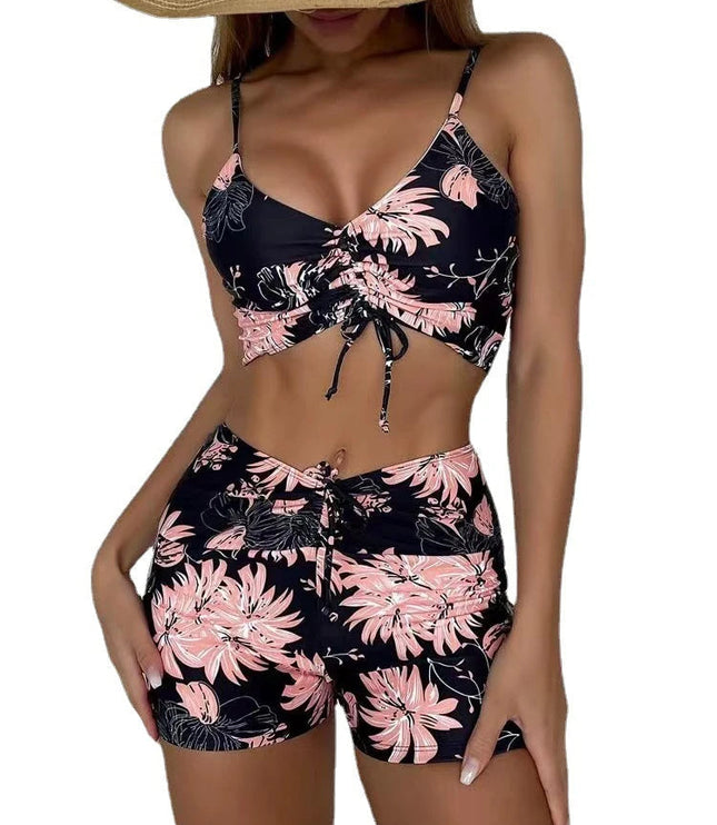 Women's Ruched Tie-Front Bikini Set with High-Waist Shorts