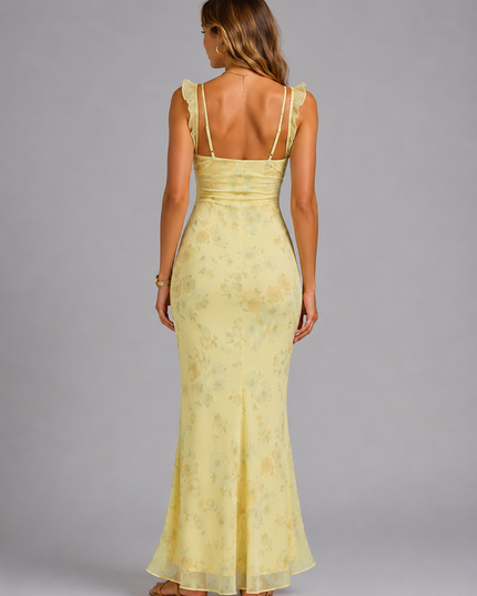 Women's Ruffle Strap Floral Maxi Dress with Fishtail Hem