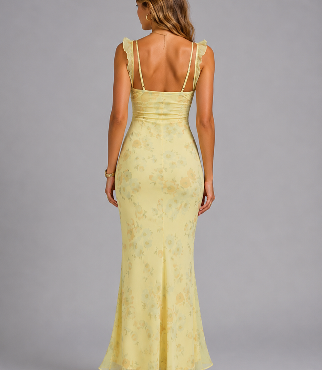 Women's Ruffle Strap Floral Maxi Dress with Fishtail Hem