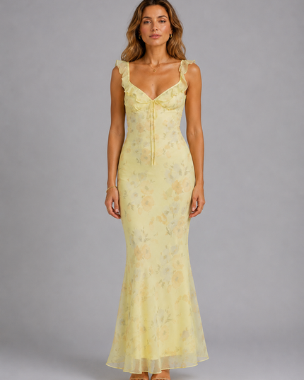 Women's Ruffle Strap Floral Maxi Dress with Fishtail Hem
