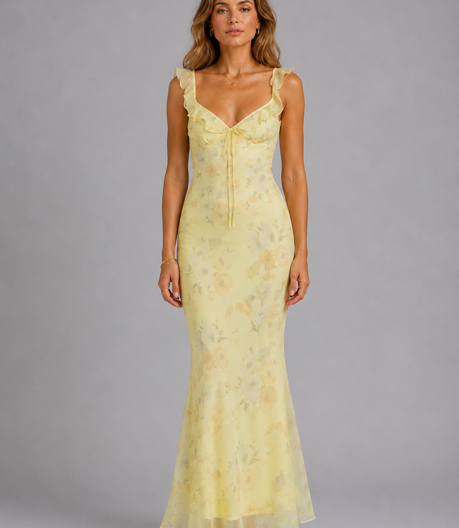 Women's Ruffle Strap Floral Maxi Dress with Fishtail Hem