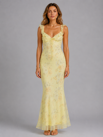Women's Ruffle Strap Floral Maxi Dress with Fishtail Hem